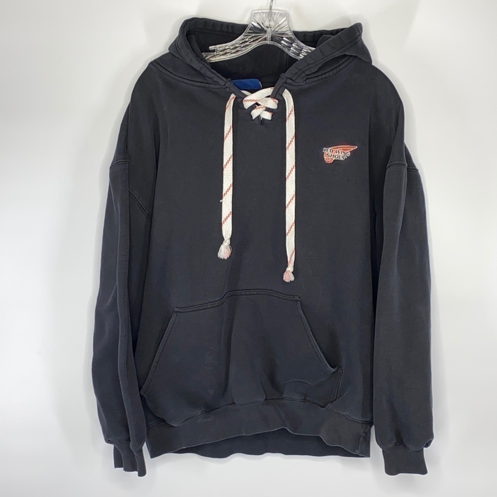 Vintage Vos Sports Red Wing Shoes Black Hooded Sweatshirt Large Hockey Lace